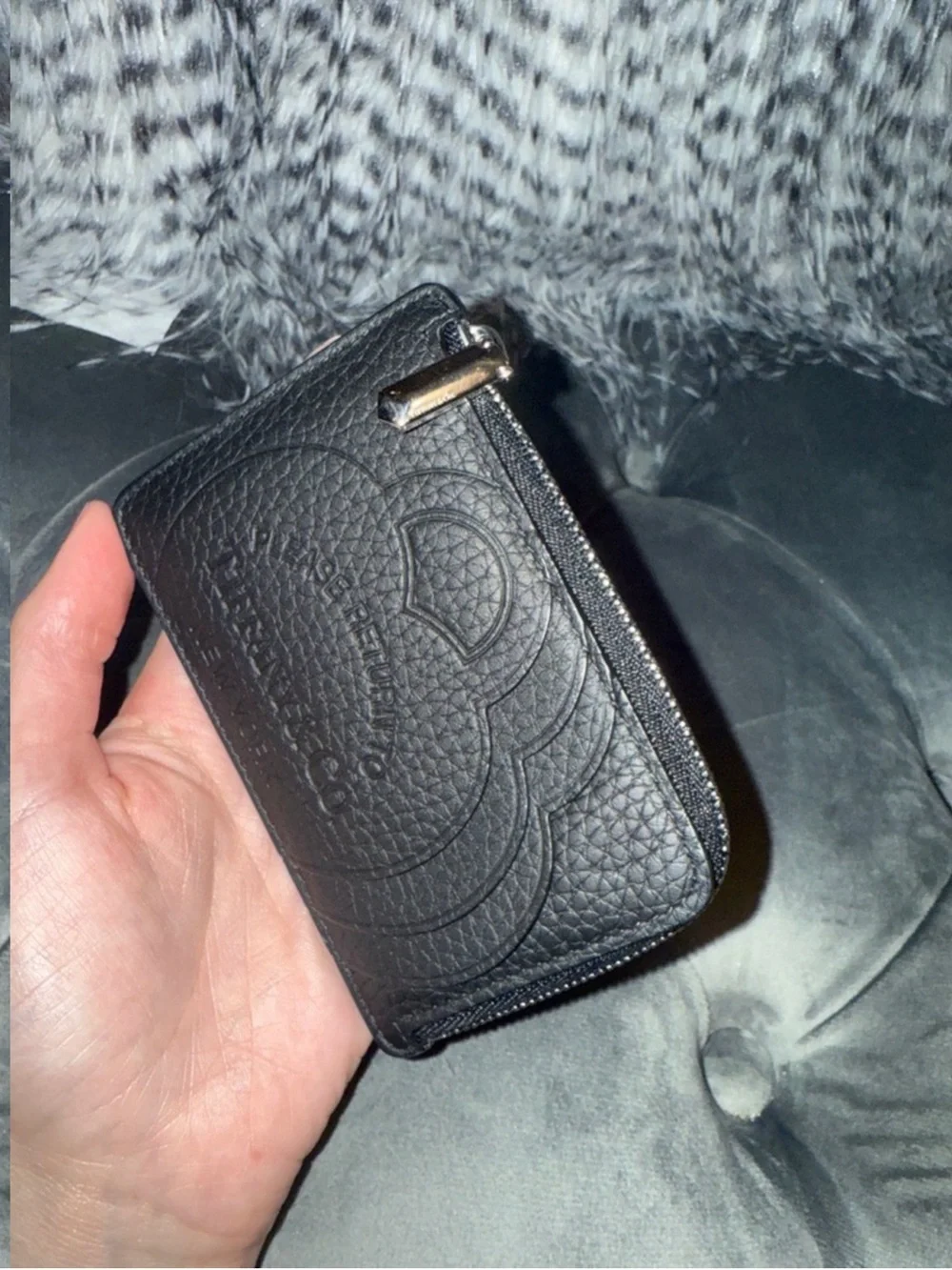 Tiffany & Co. Black Pebbled Leather Zip Card Case with Logo Emboss